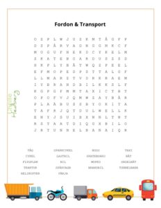 Ordjakt för barn, tema fordon & transport sida 1