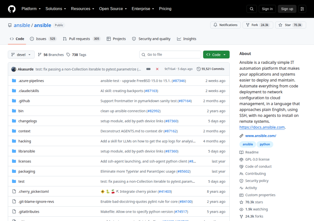 Projektsidan för Ansible