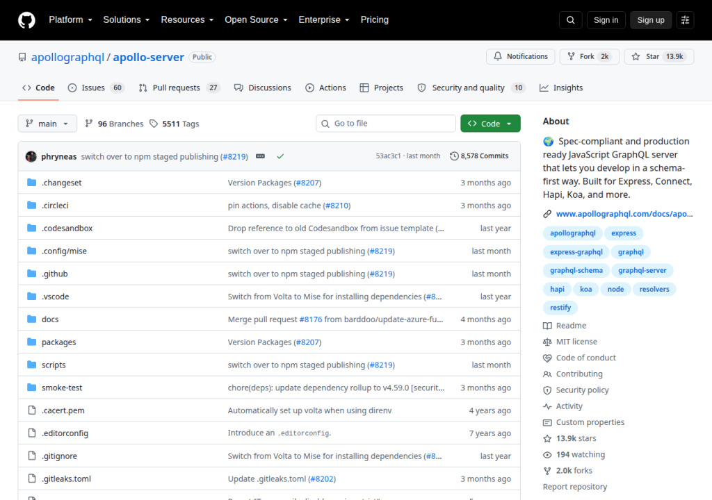 Projektsidan för Apollo Server