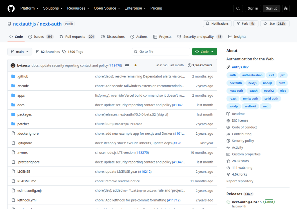 Projektsidan för Auth.js