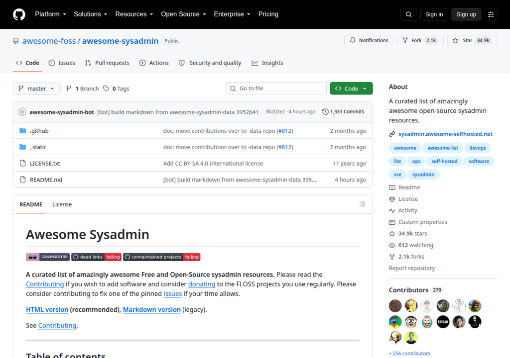 Projektsidan för Awesome Sysadmin