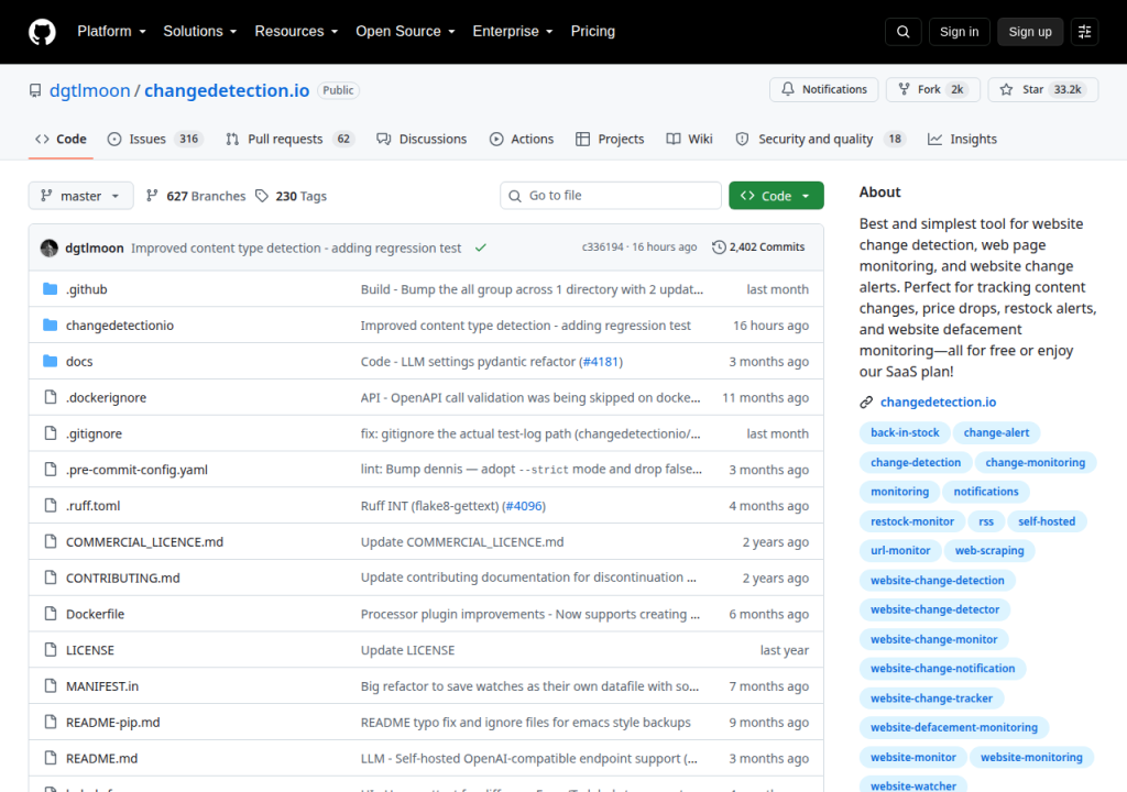 Projektsidan för changedetection.io