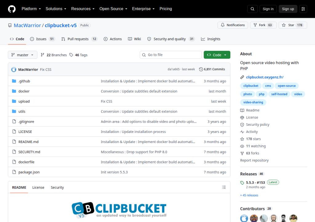 Projektsidan för ClipBucket