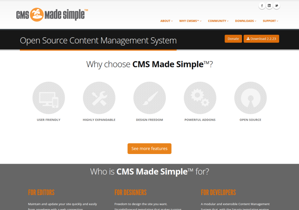 Projektsidan för CMS Made Simple