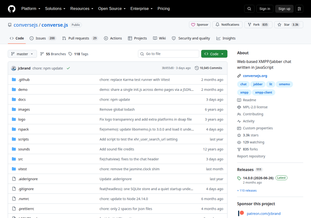 Projektsidan för Converse.js
