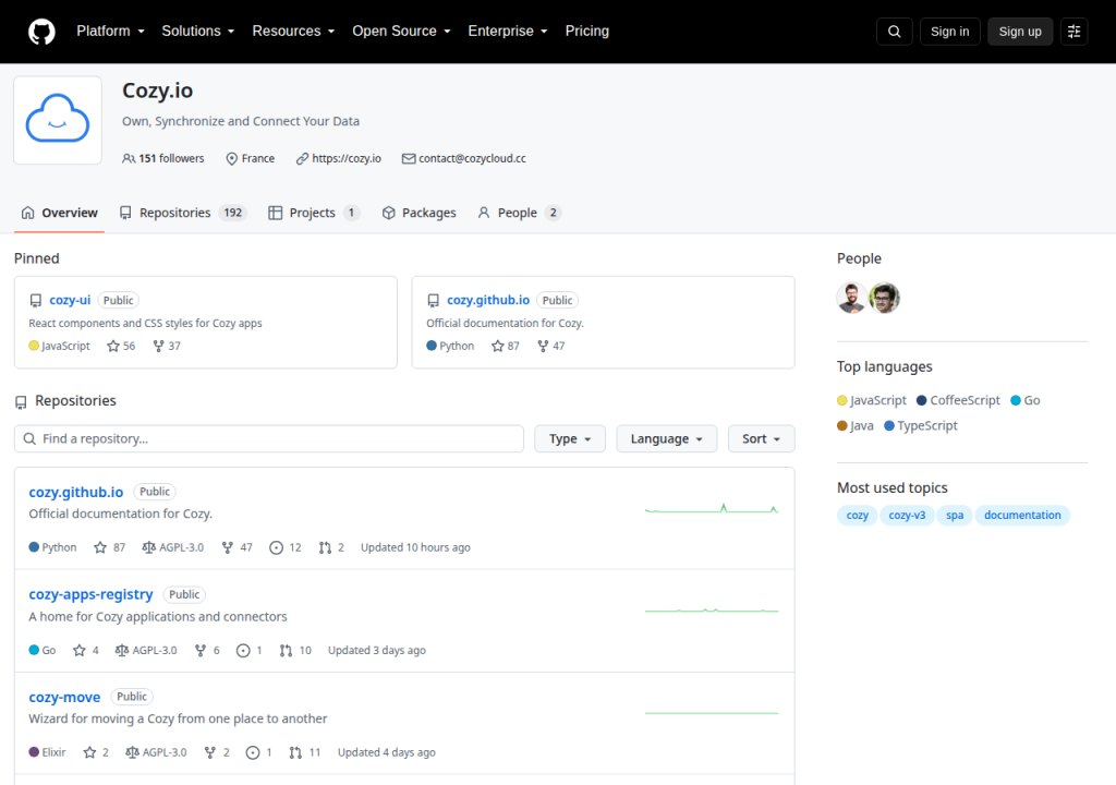 Projektsidan för Cozy Cloud