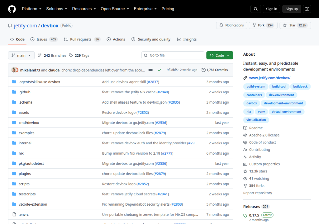 Projektsidan för Devbox