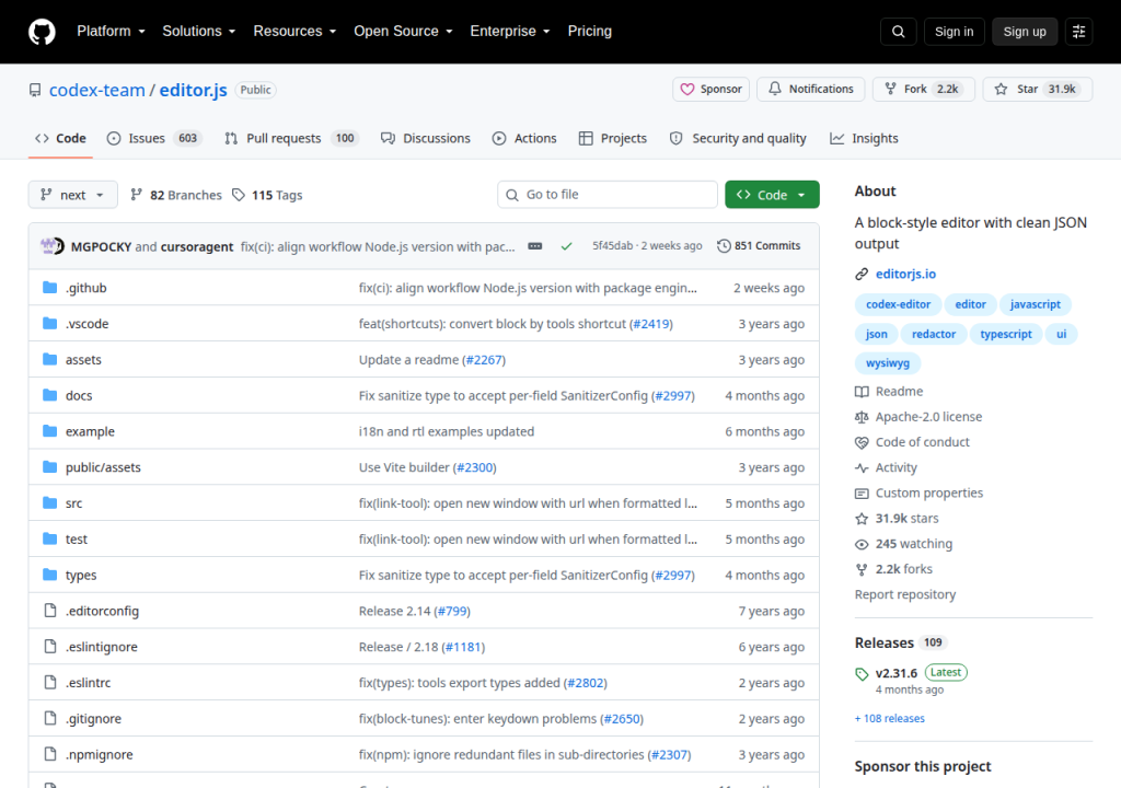 Projektsidan för Editor.js