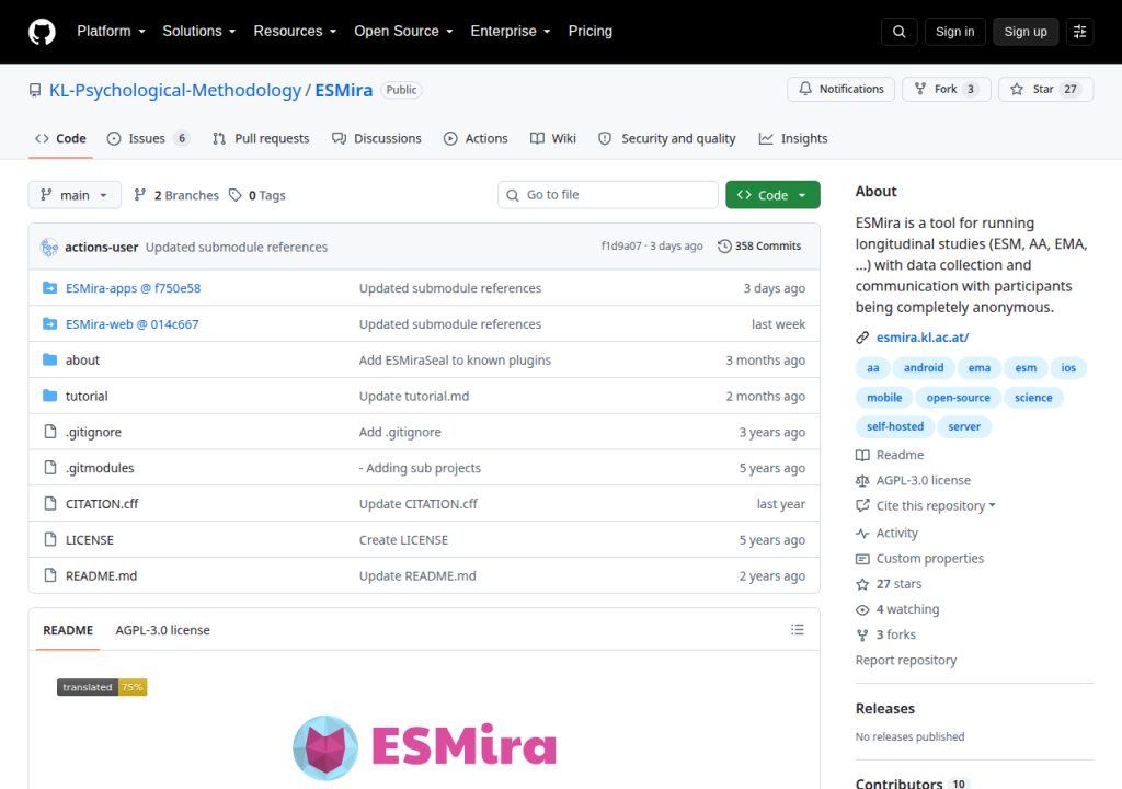 Projektsidan för ESMira