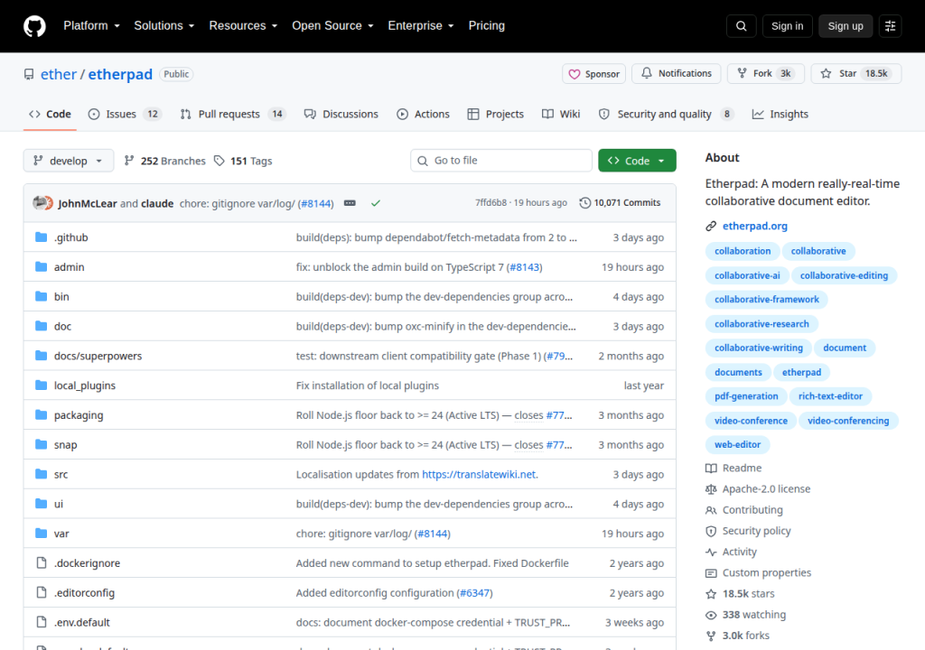 Projektsidan för Etherpad