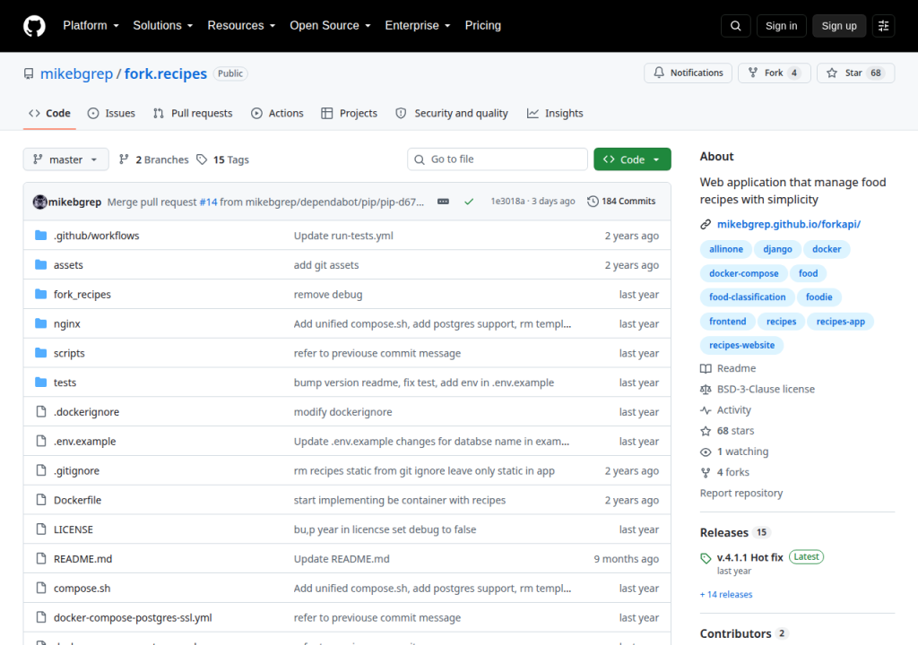 Projektsidan för Fork Recipes