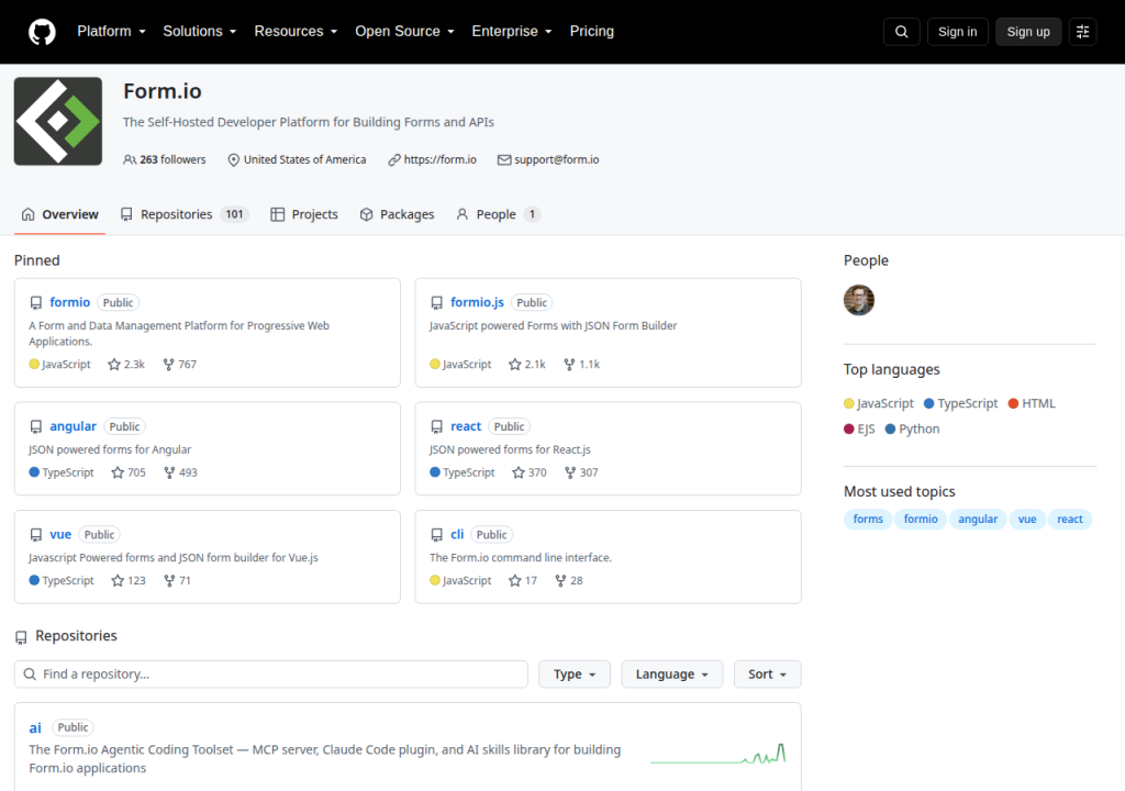 Projektsidan för form.io