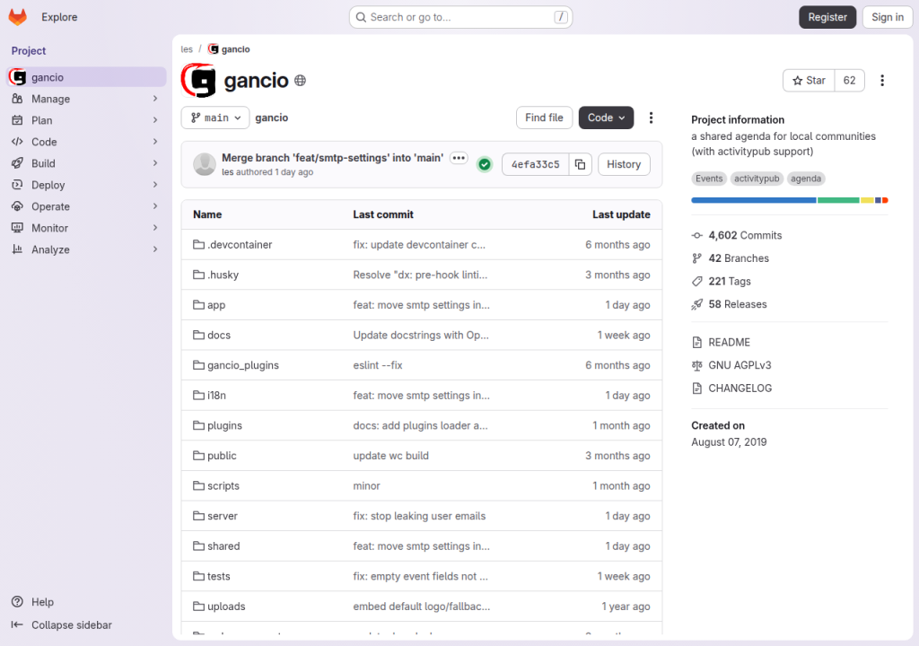 Projektsidan för Gancio