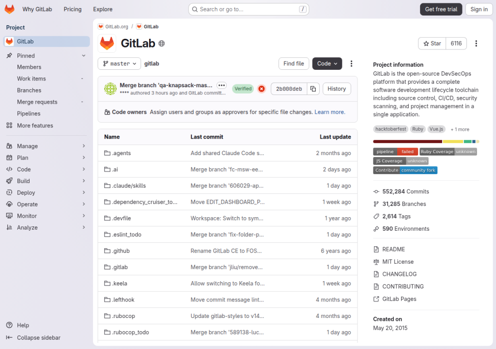 Projektsidan för GitLab CE