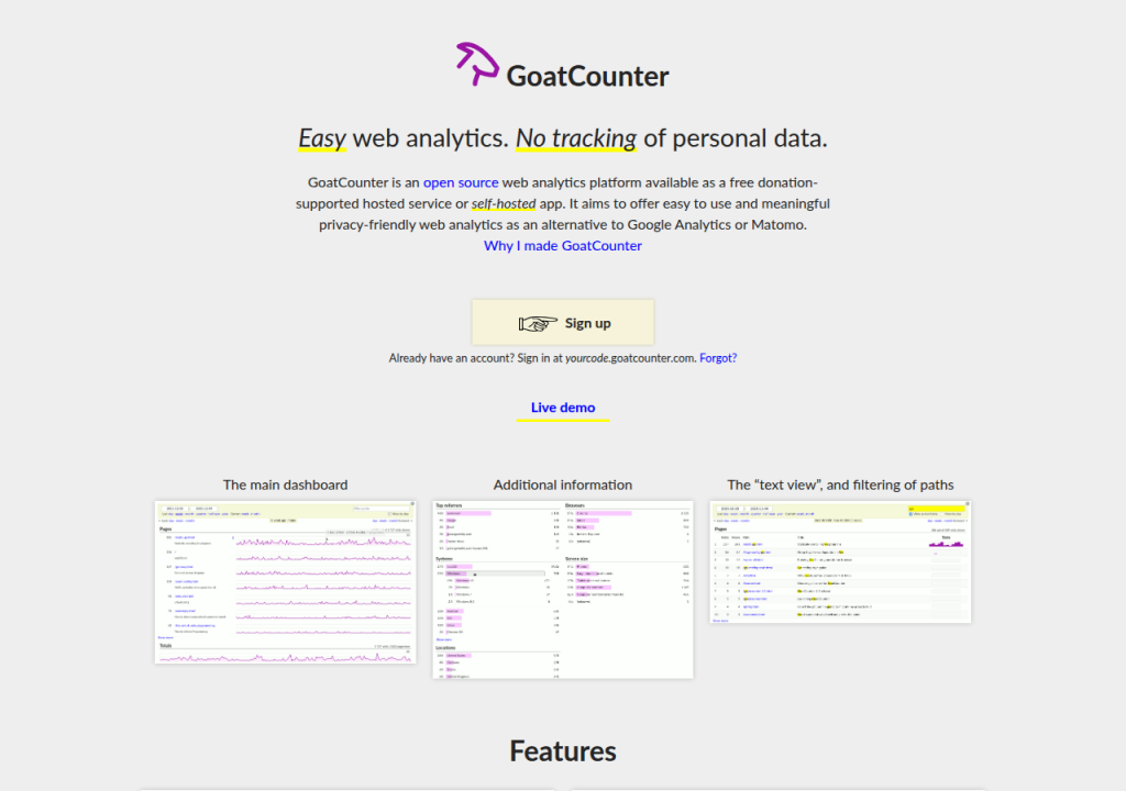 Projektsidan för GoatCounter
