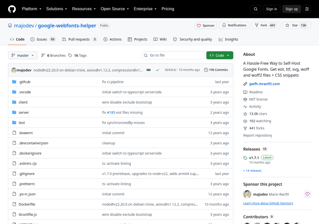 Projektsidan för google-webfonts-helper
