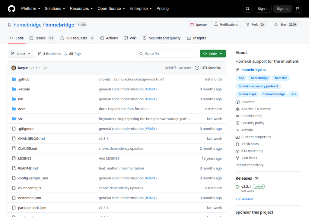Projektsidan för Homebridge