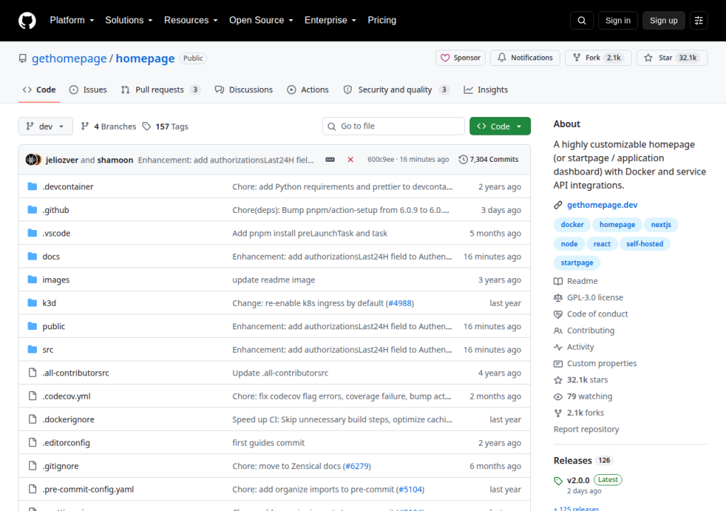 Projektsidan för Homepage by gethomepage