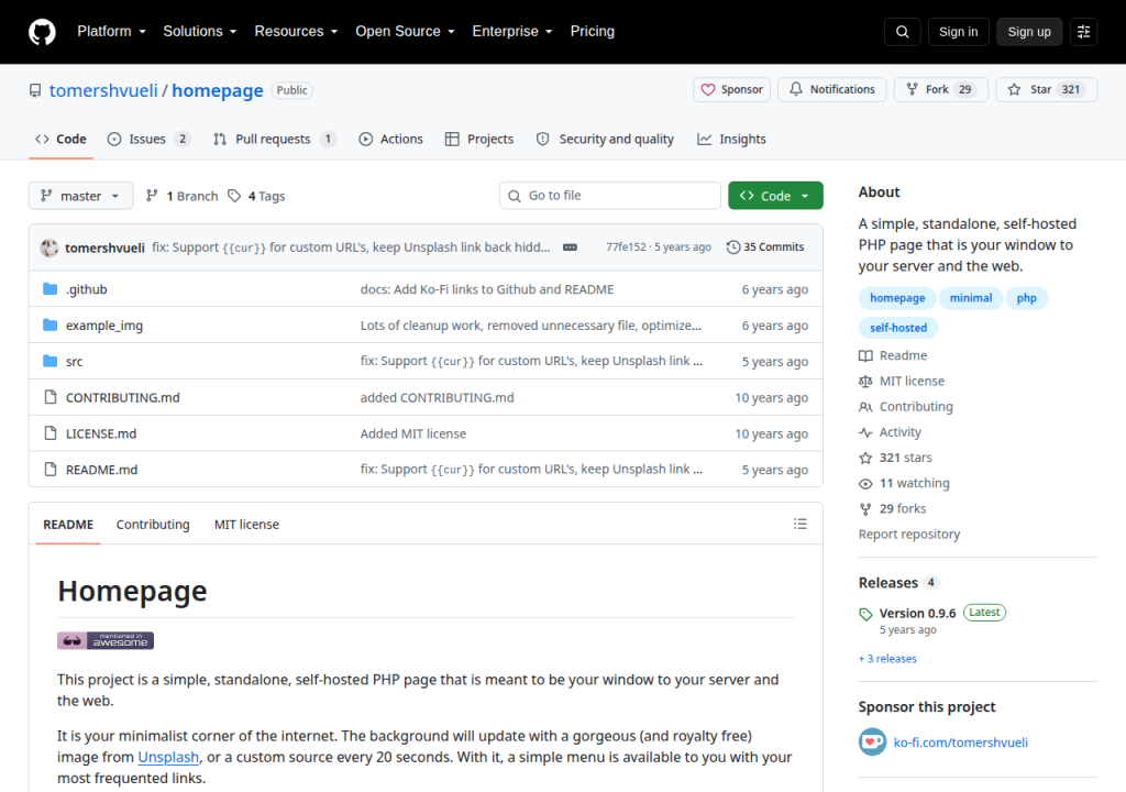 Projektsidan för Homepage by tomershvueli
