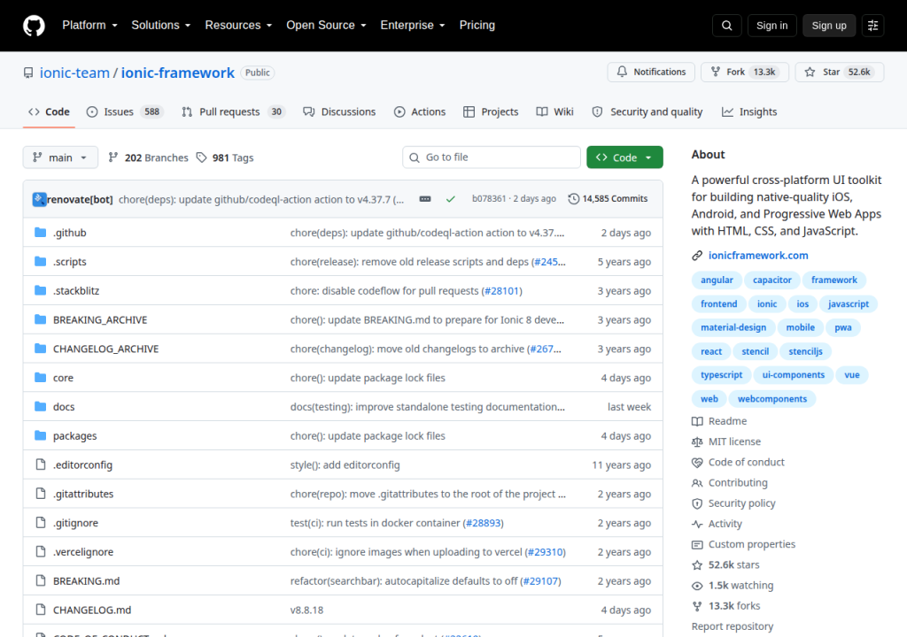Projektsidan för Ionic Framework