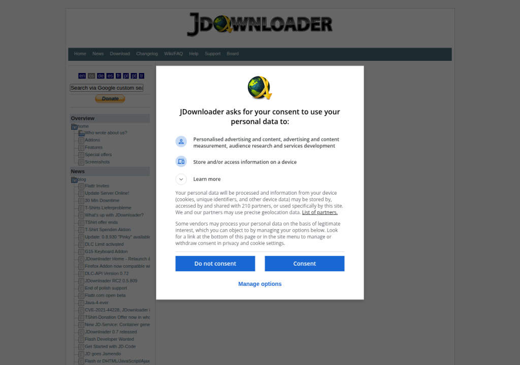 Projektsidan för JDownloader