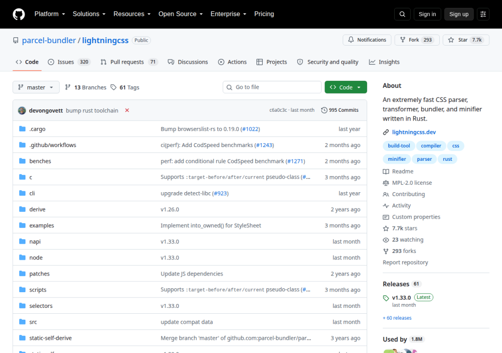 Projektsidan för Lightning CSS
