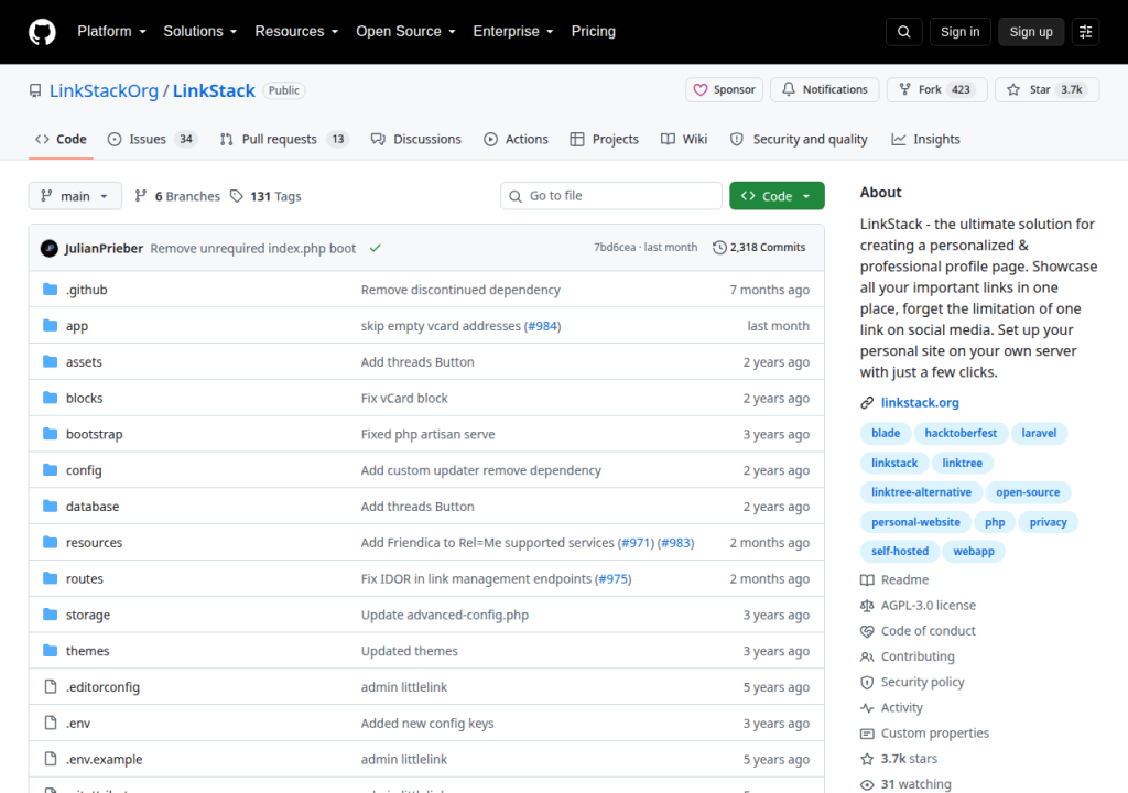 Projektsidan för LinkStack