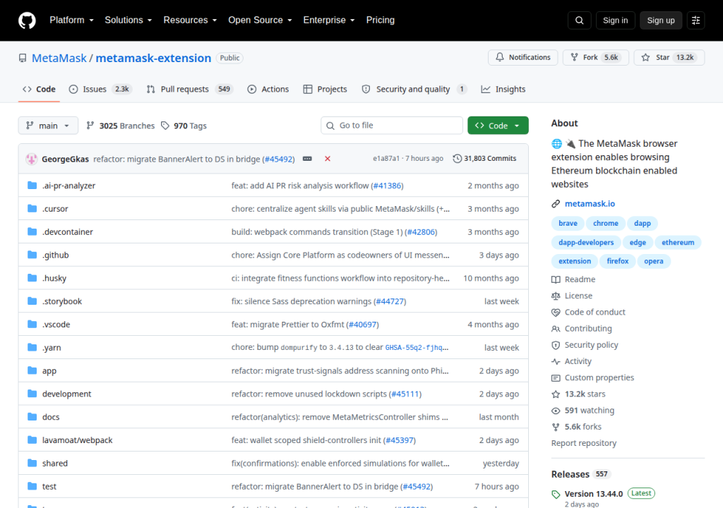 Projektsidan för Metamask Flask