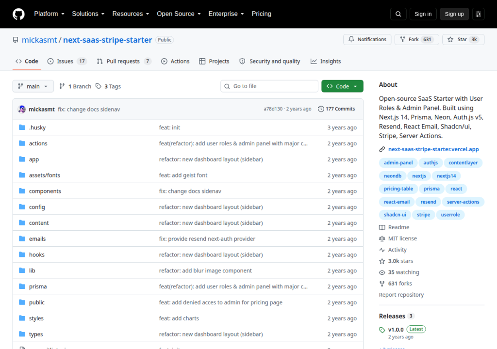 Projektsidan för Next SaaS Stripe Starter