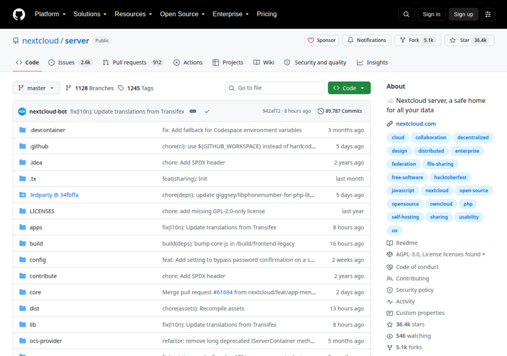 Projektsidan för Nextcloud