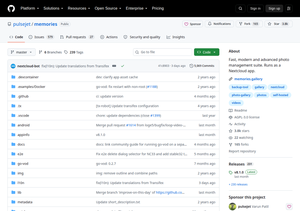 Projektsidan för Nextcloud Memories