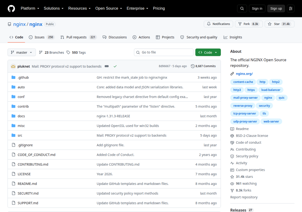 Projektsidan för NGINX