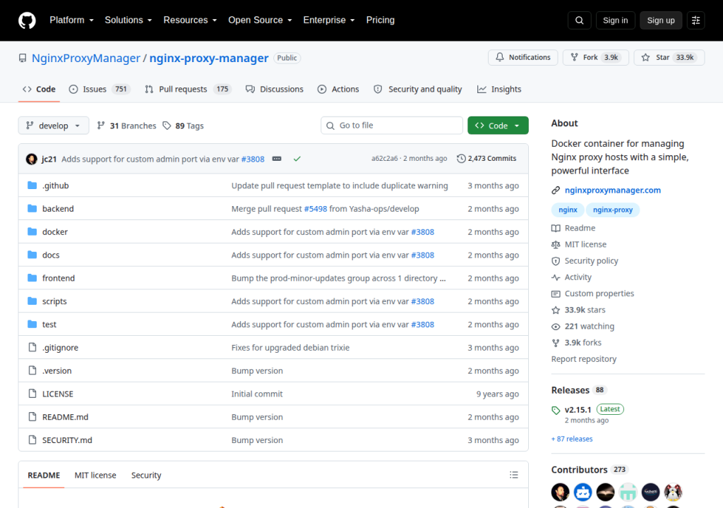 Projektsidan för Nginx Proxy Manager