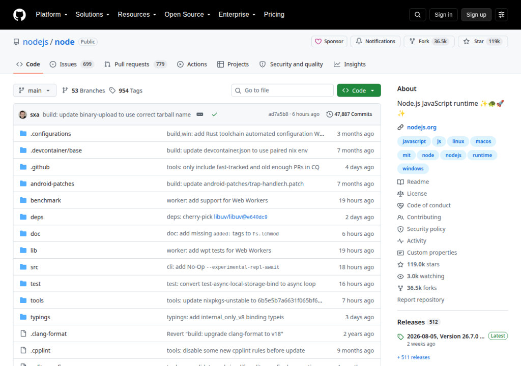 Projektsidan för Node.js