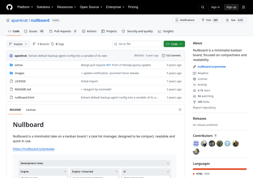 Projektsidan för Nullboard