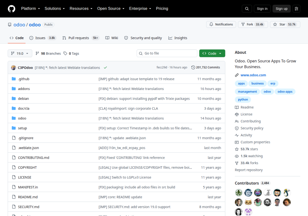 Projektsidan för Odoo Community