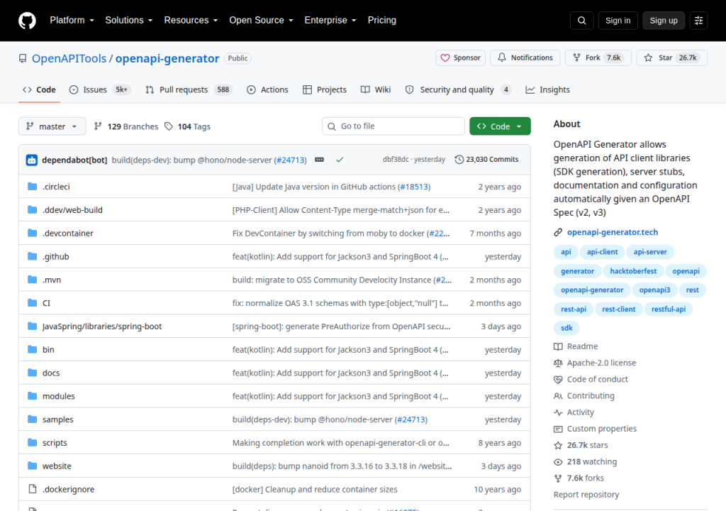 Projektsidan för OpenAPI Generator