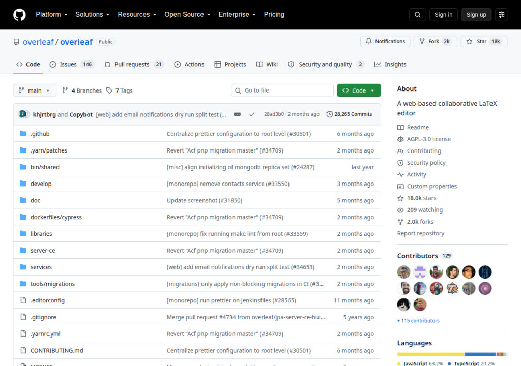 Projektsidan för Overleaf