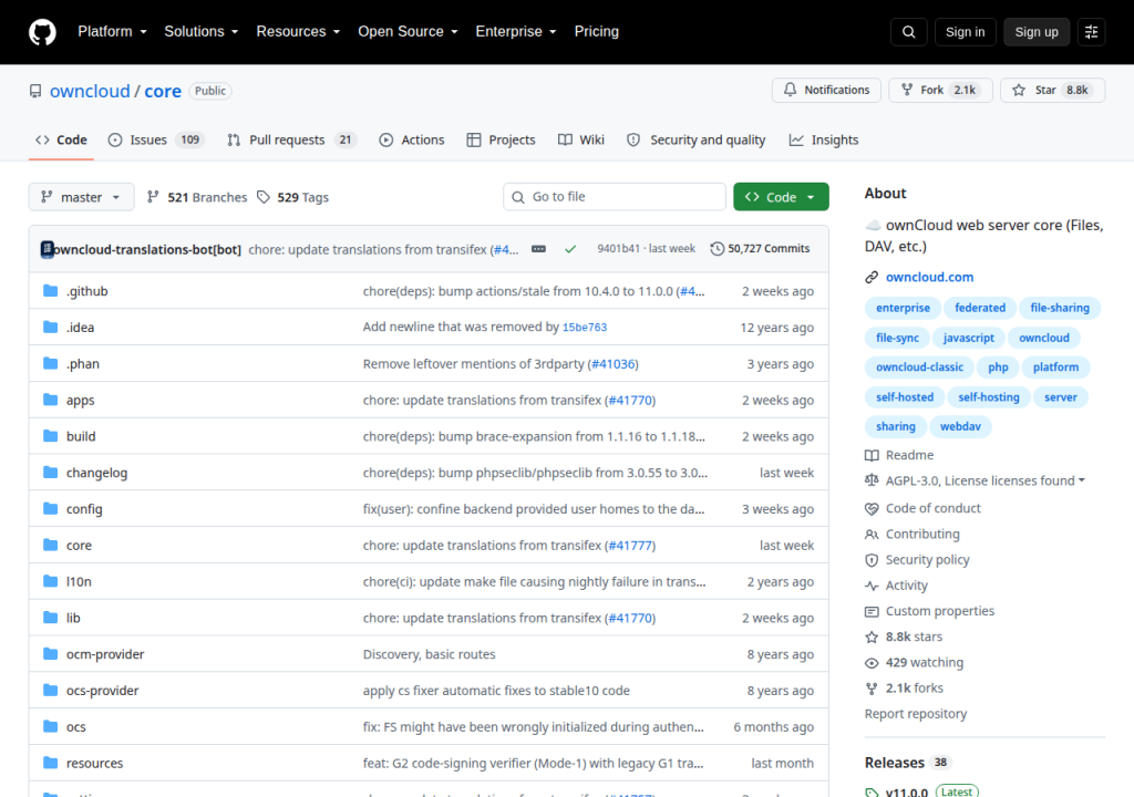 Projektsidan för ownCloud