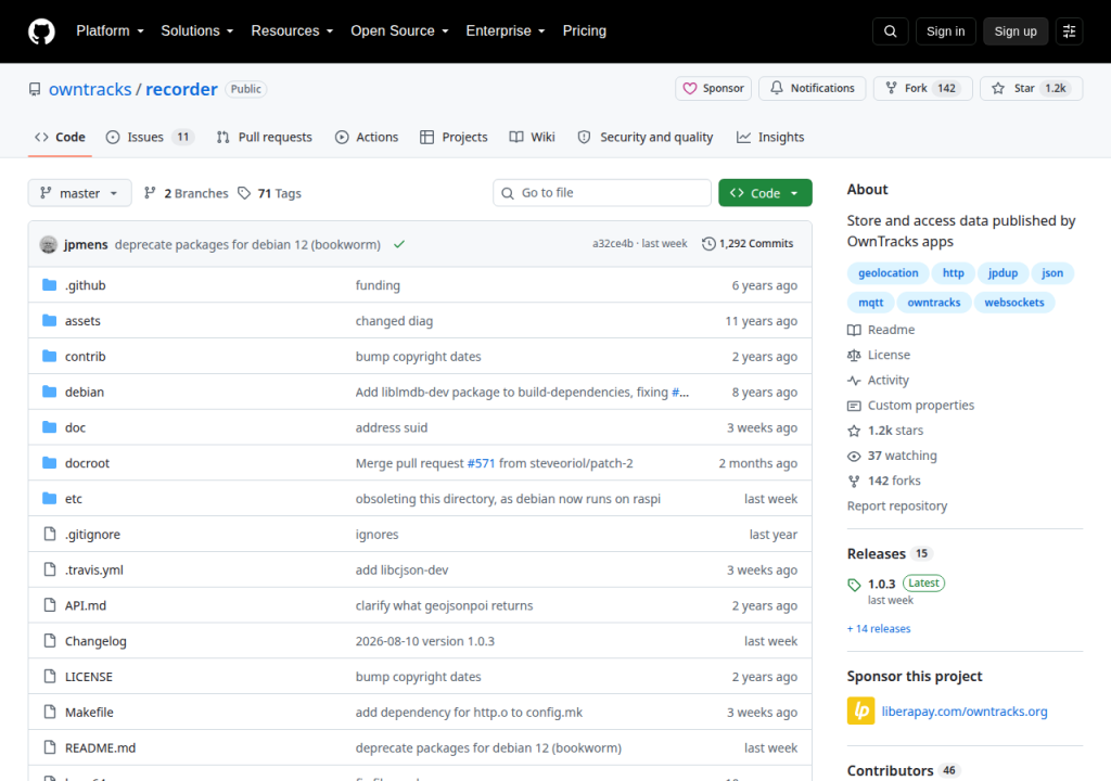 Projektsidan för OwnTracks Recorder