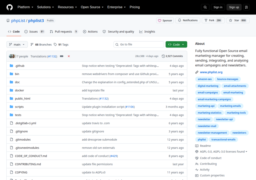 Projektsidan för phpList