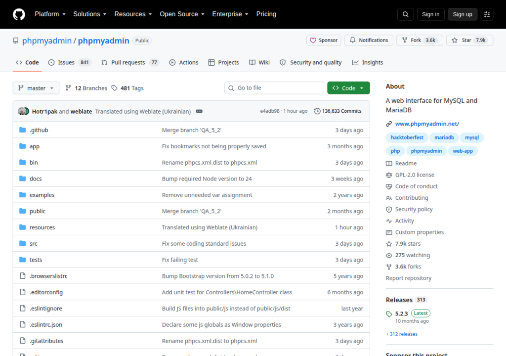 Projektsidan för phpMyAdmin