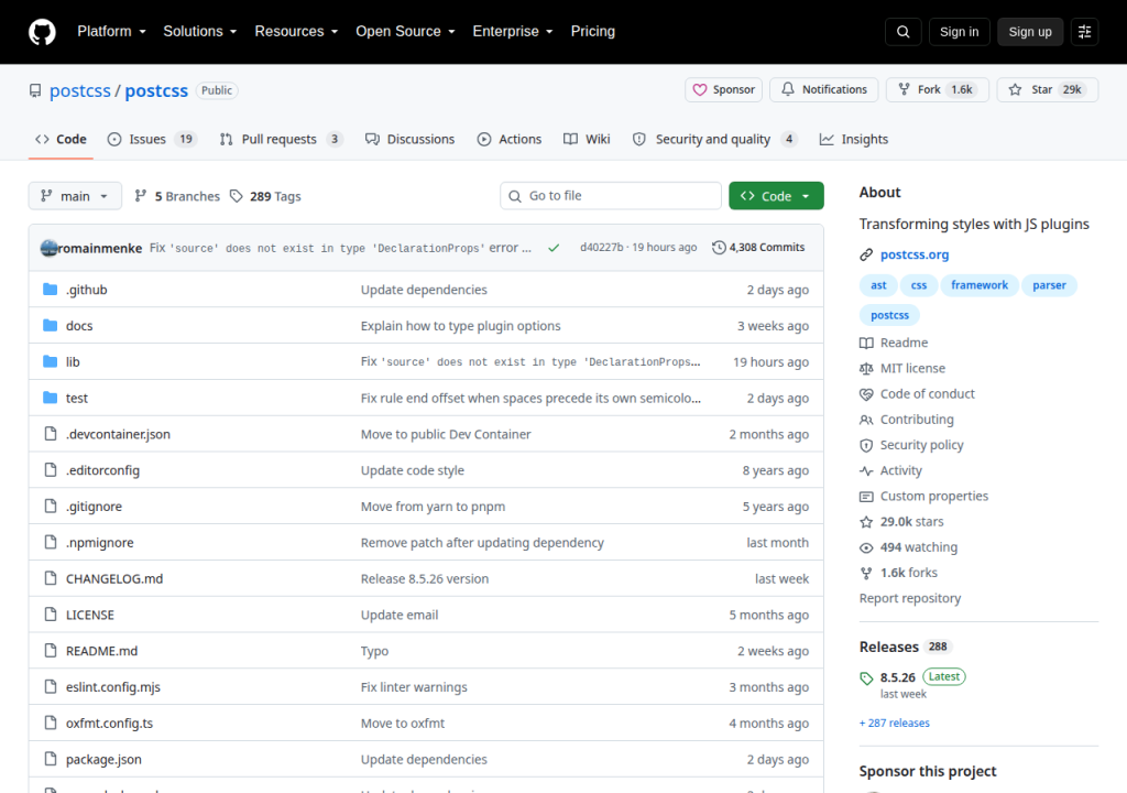 Projektsidan för PostCSS