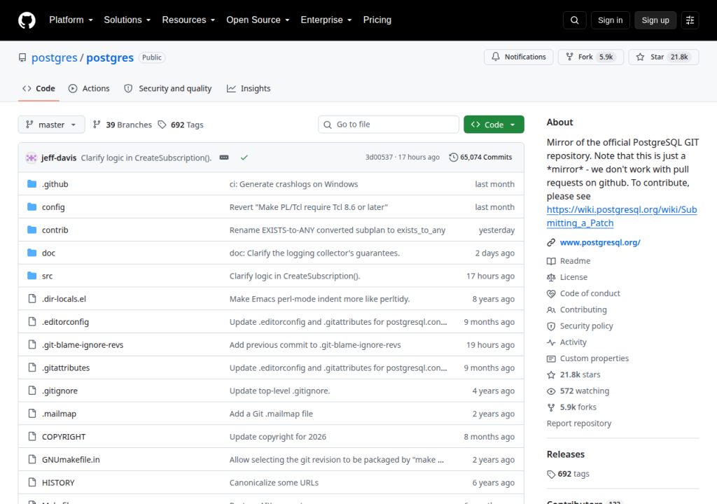 Projektsidan för PostgreSQL