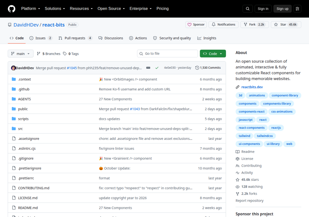 Projektsidan för React Bits