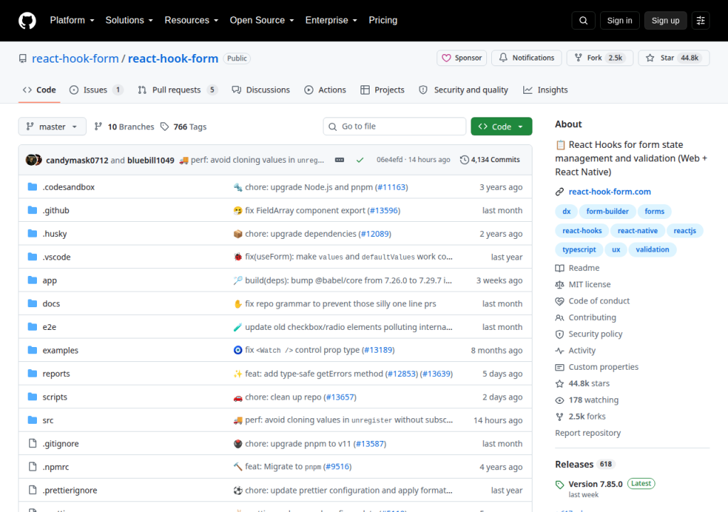 Projektsidan för React Hook Form