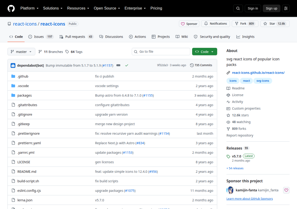 Projektsidan för React Icons