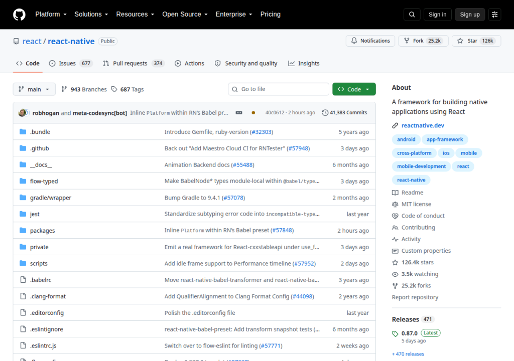 Projektsidan för React Native