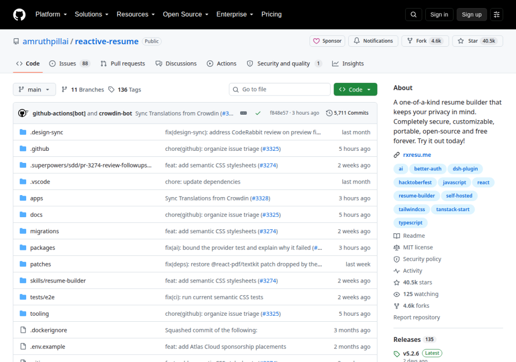 Projektsidan för Reactive Resume