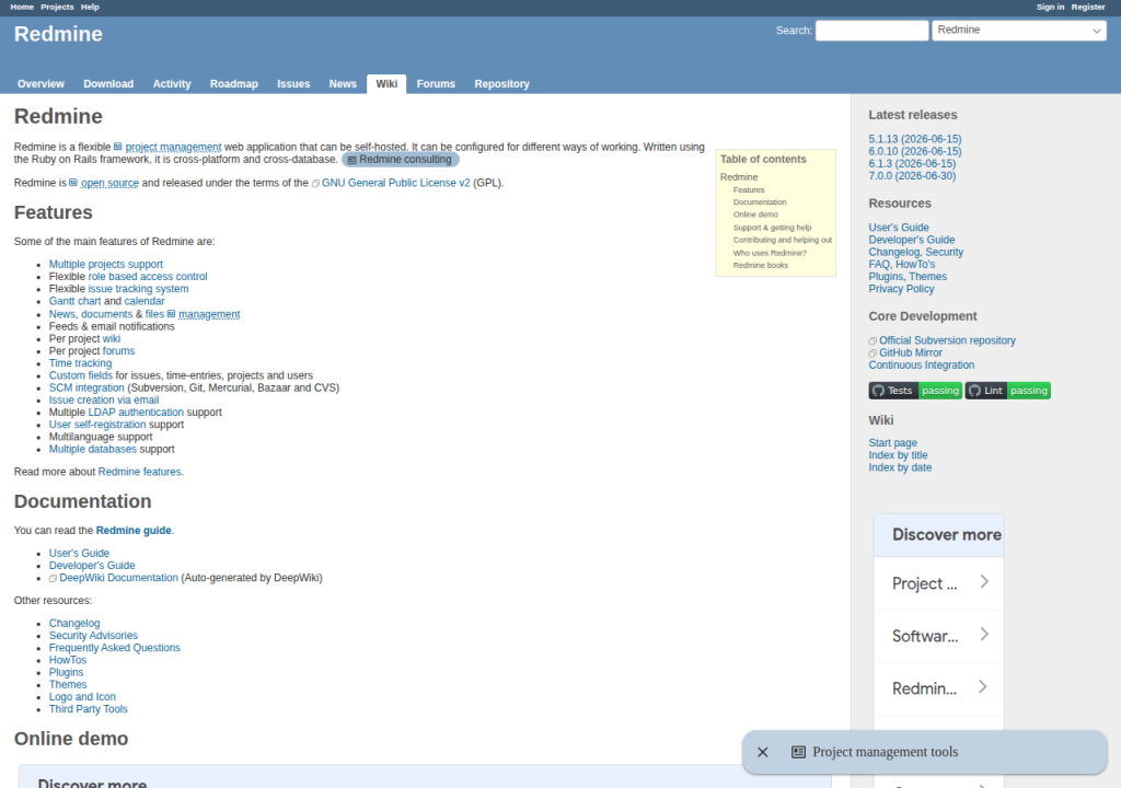 Projektsidan för Redmine